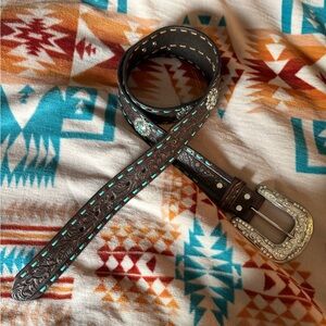 Brown Leather Belt with Silver & Turquoise Conchos and Buckle